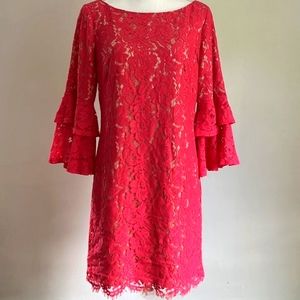 ELIZA J Elegant Coral Lace Overlay with Nude Lining Double Layer Bell Sleeve